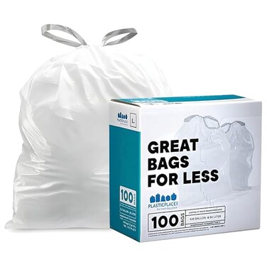 Plasticplace Custom Fit Trash Bags Compatible with Simplehuman Code L 100 Count White Drawstring Garbage Liners 48 Gallon 18 Liters 1675 x 245