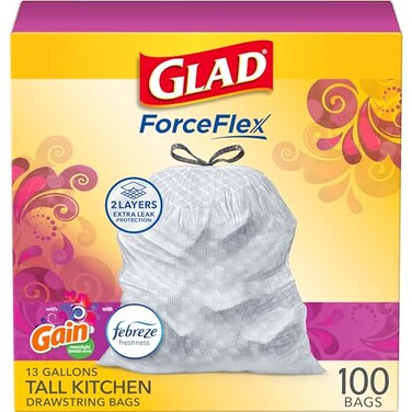 Glad ForceFlex Tall Kitchen Trash Bags 13 Gal Gain Moonlight Breeze 100 Ct Package May Vary