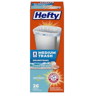 Hefty Medium Trash Bags 8 Gallon Ocean Water Scented Garbage Bags with Drawstring Closure White 26 Count
