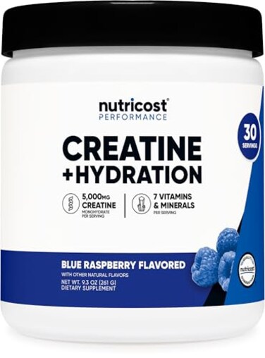 Nutricost Creatine Monohydrate Hydration Blue Raspberry Flavored 30 Servings 7 Vitamins Minerals 5000mg of Creatine Per Serving