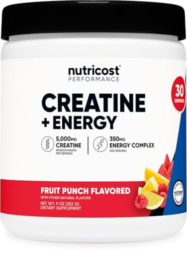 Nutricost Creatine Energy 30 Servings Fruit Punch Flavored 5000mg Creatine Monohydrate 350mg Energy Complex Per Serving