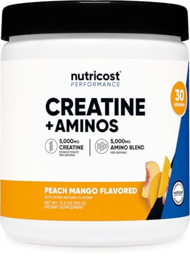 Nutricost Creatine Aminos 30 Servings Peach Mango Flavored 5000mg Creatine Monohydrate 5000mg Amino BCAA Blend Per Serving