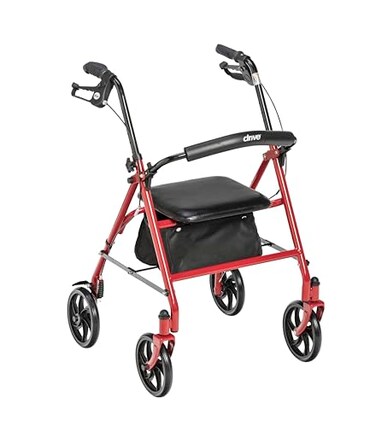 Drive Medical Rollator Walker with Seat Stable Mobility Support Height Adjustable Durable Steel Frame Construction Smooth 75 Wheels Foldable Frame 350 Lb Limit Red
