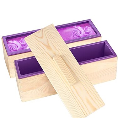 ZOENHOU 2 PCS 42oz Purple Soap Molds with 2 Lids Flexible Rectangular Silicone Soap Making Molds Kit with Wood Box DIY Tool Set for Soap Making Supplies