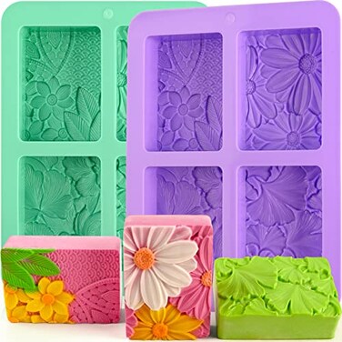 HUAKENER 2 Pack Silicone Soap Molds Rectangle Soap Making Mold 3D Rectangular Flower Pattern Silicone Molds for Handmade Soap Bath Bombs Candle Chocolate