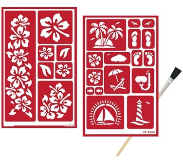 Trendzeen 2 Reusable Glass Etching Stencils Set Beach Themed Etch Stencil Hibiscus Aloha Hawaii Tiki Inspired Design Set Includes Brush Total 3 Items