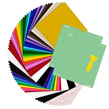 HTVRONT 70 Pack Vinyl for Cutting Machine 57 Sheets 12 X 12 Permanent Adhesive Vinyl Sheets 2 Cutting Mat 10 Transfer Paper Permanent Bundle