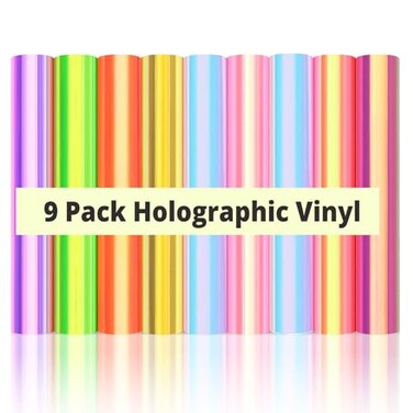 HTVRONT Holographic Vinyl Permanent 9 Sheets Holographic Permanent Vinyl for Cutting Machine 9 Pack 12 x12 Adhesive Bundle Easy to Use Transfer Iridescent Adhesive Sheets