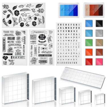 Zonon 22 Pieces Acrylic Stamp Blocks Tools Set Include 6 Clear Stamp Blocks 4 Transparent Silicone Seals 12 Craft Ink Pad for Scrapbooking Card Making