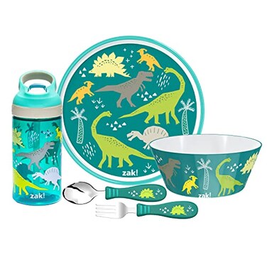 Zak Designs 5Piece Dinnerware Set Dinosaur Durable Plastic Stainless Steel Includes Water Bottle 8Inch Plate 6Inch Bowl Fork Spoon Suitable for Kids Ages 3