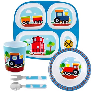 Bentology 5Piece Kids Dinnerware Set Blue Train Engine Theme Includes Divided 4Section Plate Bowl Cup Fork Spoon BPAFree BreakResistant Melamine Toddler Feeding Set Gift for Boys