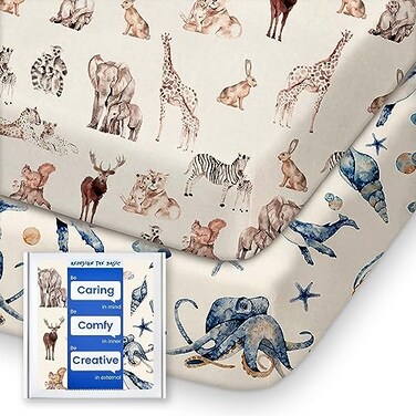 TOTBASIC Graco Pack and Play Fitted Sheets 2 Pack Mini Crib Sheets Hypoallergenic and Soothing Premium Jersey Fabric Safari Sea Animals Pattern