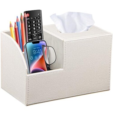 BLIENCE PU Leather Square Tissue Box Cover MultiFunctional Tissue Box Holder Tissue Box Cover with StorageTissue and Remote Control Holder Cube Tissue Box Organizer Bedroom Nightstand End Table