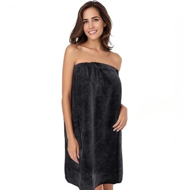 SINLAND Womens Spa Wrap Microfiber Lightweight Knee Length Bath Body Wrap Shower Towels with Adjustable Closure 32 Inch x 60 Inch Black