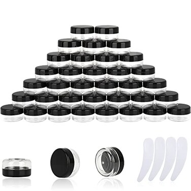 YOMOSPACE 50PCS 10 Gram Sample Containers 10ml Empty Jars with Lids Small Cosmetic Containers Mini Sample Jars with 4PCS Mini Spatulas for Make Up Oils Lotion Powder Paint Jewelry Lip BalmsBlack Lid