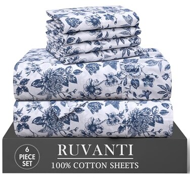 RUVANTI 6 Pcs Cotton Sheets 100 Natural Cotton Soft Lightweight Breathable Crispy Percale Sheets Full Size Bed Sheets 16 Deep Pockets Wild Flower