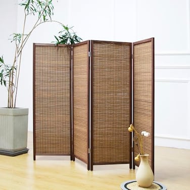 Furnnylane 4 Panel Short Room Divider ScreenBrown Freestanding PartitionSmall Bamboo Panel Divider for Room Seperation395 FT Tall