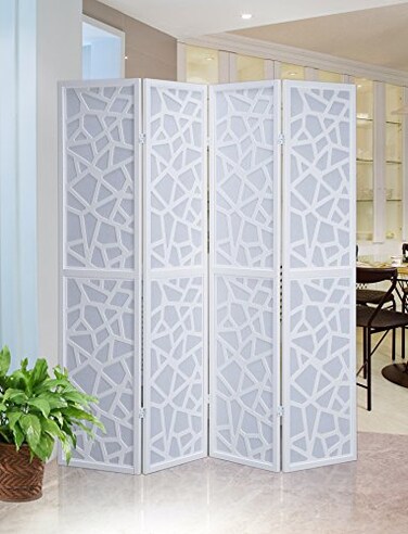 Roundhill Furniture Giyano 4 Panel Screen Room Divider White Screen with White Frame