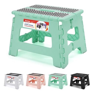 ACSTEP 9 Inch Folding Step Stool 300 LB Capacity Non Slip Foot Stool with Handle Plastic Foldable Step Stools for Kids Stepping Stool for Bathroom Black Small Step Stool 1 PC Teal