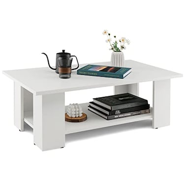 Tangkula 2Tier Coffee Table Modern Rectangular Center Cocktail Table with 5 Support Legs Wooden Accent Living Room Furniture Small Coffee Table for Small Spaces Easy Assembly White