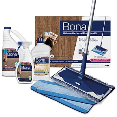 Bona Ultimate Hardwood Floor Care Kit Pivoting Mop Cleaning Solution Refill Floor Polish Microfiber Pads for Dusting Mopping Polishing