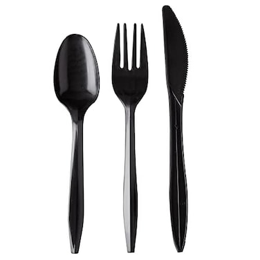 Supellectilem 250 Black Silver Plastic Cutlery Packets Knife Fork Spoon Napkin Salt Pepper Sets Individually Wrapped Disposable Silverware