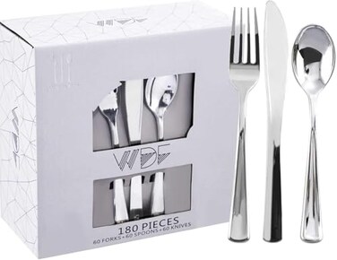 WDF 180 Pieces Silver Plastic Silverware Silver Plastic Cutlery Fancy Plastic Silverware Heavy Duty 60 Forks 60 Knives 60 Spoons Disposable Plastic Utensils Perfect for Party Wedding