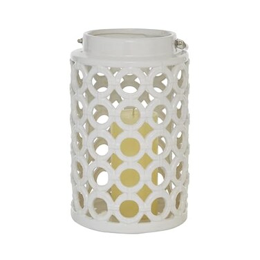Deco 79 Ceramic Circles Decorative Candle Lantern with Cut Out Design 7 x 8 x 11 White