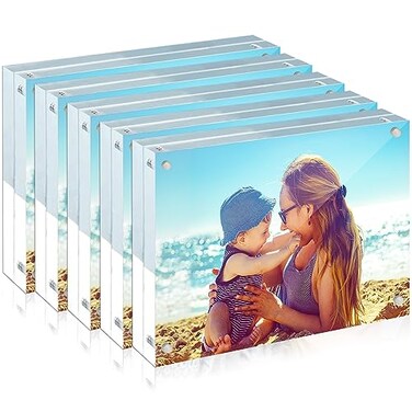 HELPLEX Acrylic Frame 5 Pack 5x7 Acrylic Picture Frames 24mm Thicker Frameless Clear Frame Double Sided Magnetic Frame Free Standing Desktop Display Stand