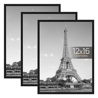 upsimples 12x16 Picture Frame Black 3 Pack ScratchProof Poster Frames 12 x 16 for Photo Gallery SlideIn Strips Horizontal or Vertical Wall Mounting