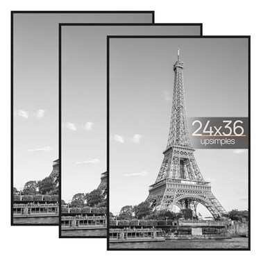 upsimples 24x36 Poster Frame Black 3 Pack ScratchProof Picture Frames 24 x 36 for Photo Gallery SlideIn Strips Horizontal or Vertical Wall Mounting