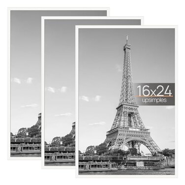 upsimples 16x24 Picture Frame White 3 Pack ScratchProof Poster Frames 16 x 24 for Photo Gallery SlideIn Strips Horizontal or Vertical Wall Mounting