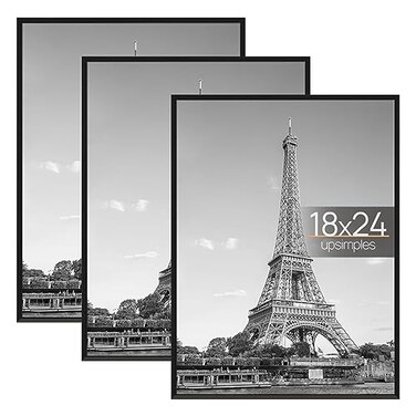 upsimples 18x24 Picture Frame Black 3 Pack ScratchProof Poster Frames 18 x 24 for Photo Gallery SlideIn Strips Horizontal or Vertical Wall Mounting