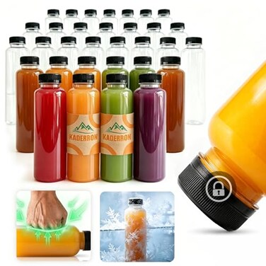 Kaderron 21pcs 14oz Plastic Juice Bottles with Caps Empty PET Disposable Plastic Bottles Clear Bulk Drink Containers with Black Tamper Evident Lids for Juicing Drinking and Other Beverages