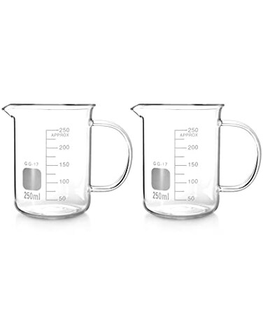 QWORK Beaker with Handle 250ml845oz Measuring Cup Borosilicate Glass Beaker Mug with Pouring Spout 2 Pack