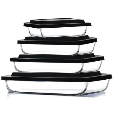 EATEX 8Piece Deep Glass Casserole Dishes for Oven with Plastic Lids Glass Baking Dishes for Oven Rectangular Bakeware for Lasagna Cooking Leftovers Kitchen Freezer to Oven Dishwasher Safe