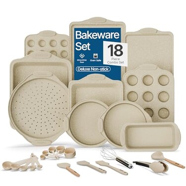 BAKKENMASTER 18Piece Deluxe Nonstick Carbon Steel Bakeware Set Professional Kitchen Oven Baking Pans with White Silicone Handles and Accessories
