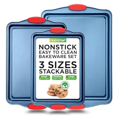 NutriChef 3Piece Nonstick Cookie Sheets for Baking Premium Carbon Steel Baking Trays w NonStick Smooth Coating Silicone Handles Large Medium Small Bakeware Blue