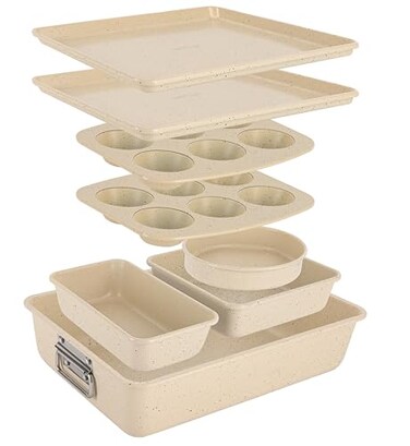 NutriChef 8Piece Stackable Bakeware Set Carbon Steel NonStick Baking Pan Set Includes Sheet Muffin Round Loaf Square Cake Deep Pans No PFOA PFOS Oven Safe to 450 F Marble Cream