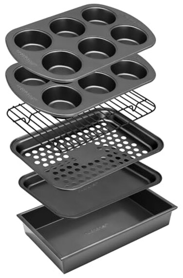 NutriChef 6Piece Toaster Oven Bakeware Set Compact NonStick Stackable Baking Pan Set with Muffin Pans Roasting Tray Baking Sheets Durable StainResistant Carbon Steel Design for Toaster Ovens
