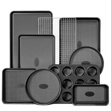 HONGBAKE 9Piece Baking Pans Set Nonstick Stackable Non Toxic Bakeware Sets with Diamond Texture Oven Pan Set for Cooking Includes Cookie Sheet with Rack Cake Pan Roasting Pan Muffin Tin Gray