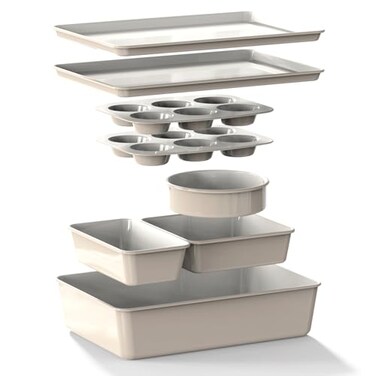 Larder & Larder Vine 8Piece Stackable Bakeware Set CeramicCoated Nonstick Baking Pan Set NonToxic with Baking Sheets Muffin Pan Loaf Pan Cake Pans French Gray