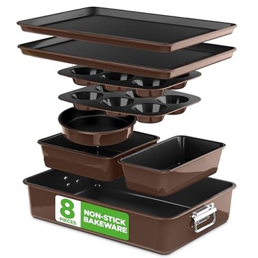 NutriChef 8Piece Nonstick Stackable Bakeware Set PFOA PFOS PTFE Free Baking Tray Set wNonStick Coating 450F Oven Safe Round Cake Loaf Muffin WideSquare Pans Cookie Sheet Brown