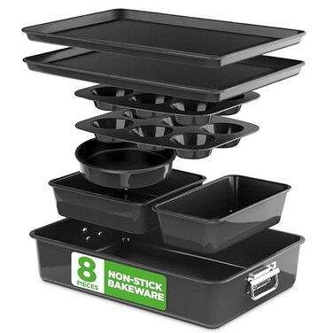 NutriChef 8Piece Stackable Nonstick Bakeware Set Premium Steel Baking Pans Set Includes Round Cake Pan 6Cup Muffin Pans WideSquare Brownie Loaf Pans Cookie Sheet Roaster Pan Black