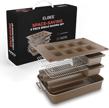 Elbee Home 8Piece Nonstick Space Saving Bread Baking Pan Set Includes Large Roasting Pan Bread Loaf Pan Baguette Pan Cooling Rack 8Cavity Mini Loaf Pan Aluminized Steel PFOA PFOS Free