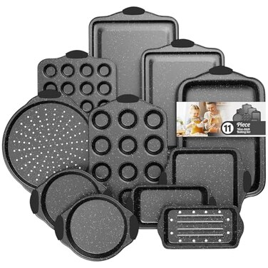 Slow Slog 11Piece Nonstick Baking Pan Set Stackable Bakeware Sets Oven Pans for Baking with Silicone Handles Includes Cookie Sheet Cake Pans Loaf Pan Pizza Pan Muffin Pan Black