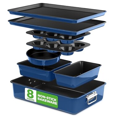 NutriChef 8Piece Nonstick Stackable Bakeware Set PFOA PFOS PTFE Free Baking Tray Set wNonStick Coating 450F Oven Safe Round Cake Loaf Muffin WideSquare Pans Cookie Sheet Blue