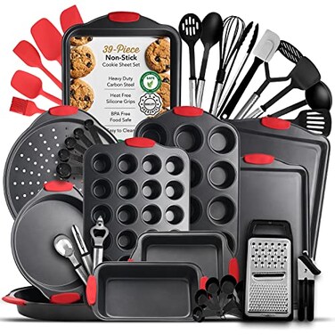 EATEX Eatex Nonstick Baking Sheet Set 39Piece Baking Pans Set with Silicone Handles Carbon Steel Cookie Sheets for Baking Commercial Grade Quality Bakeware Sets Includes Kitchen Utensils Set and More