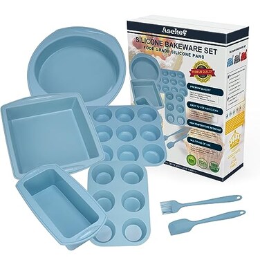 Aschef Economical 7in1 Oillimit Nonstick Silicone Baking Ring Cake Pan Cookie Sheet Molds Tray Heat Resistant Bakeware Tools for Muffin Loaf Bread Pizza Cupcake