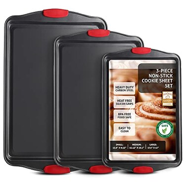 JOYTABLE Baking Sheet Set 3Piece Cookie Sheet Set with Silicone Handles Steel Baking Pan Durable Baking Sheets for Oven BPA Free Cookie Sheets for Baking Nonstick Set Premium Sheet Pan Black Baking Tr